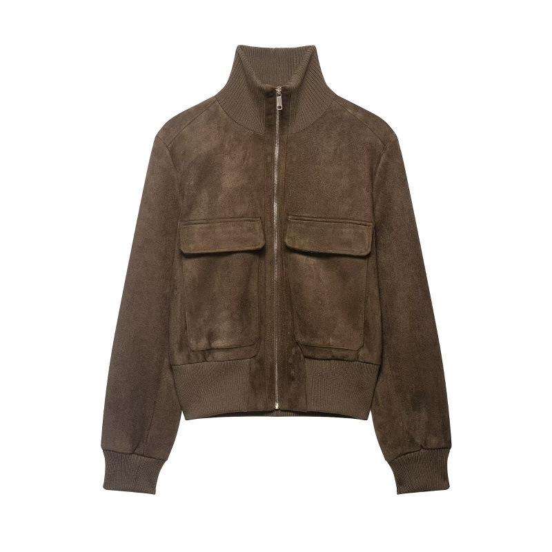 

Spring 2026 European & American Style Ribbed Stand Collar Bomber Jacket Small