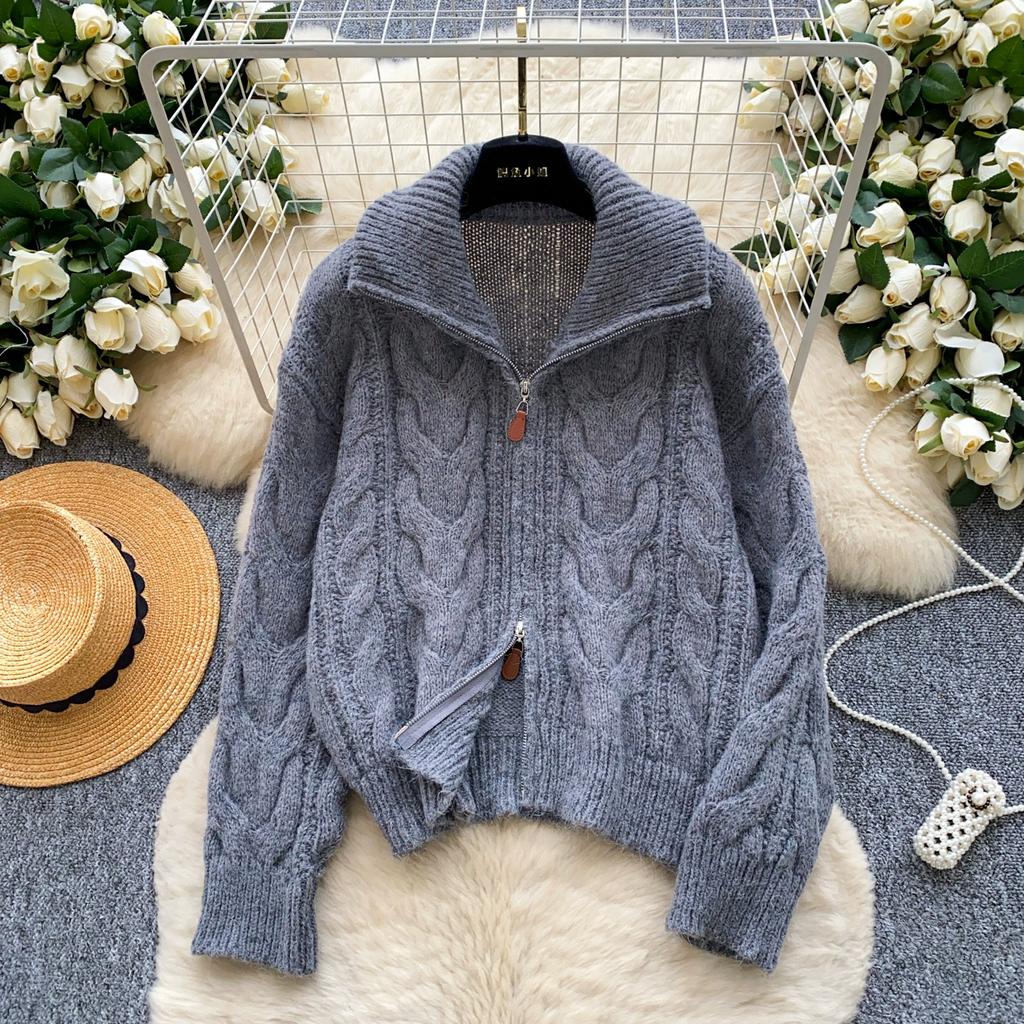 Autumn Winter Women Casual Turtleneck Zipper Twist Knitted Sweater Cardigans Tops Jacket Coat