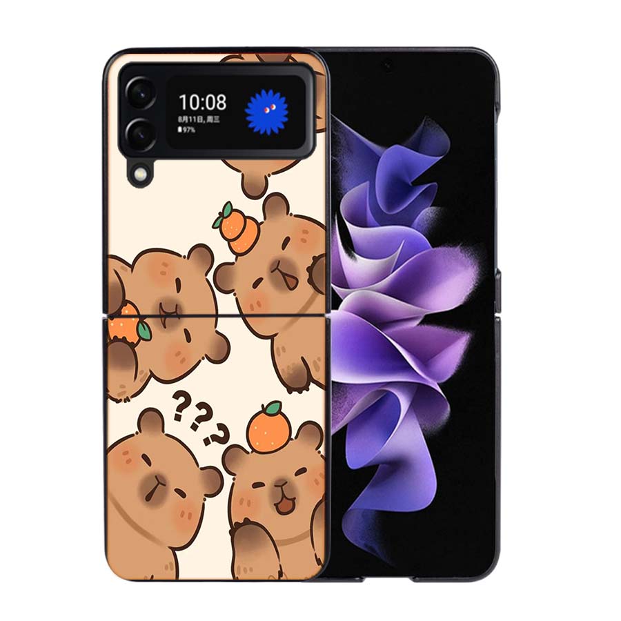 Cute Cartoon Capybara Phone Case For Samsung Z Flip 7 6 5G Galaxy Z Flip4 Z Flip5 Z Flip3 Coque Black Hard PC Shell Protective C