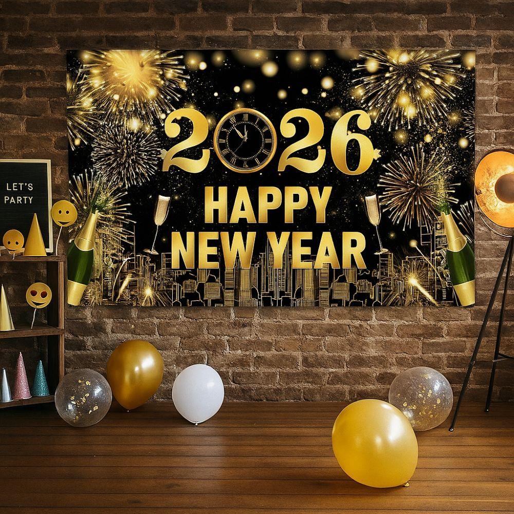 Black Gold 2026 New Year Backdrops Colorful Balloon Night Glittering Celebration Banner Champagne Polyester Photo Background