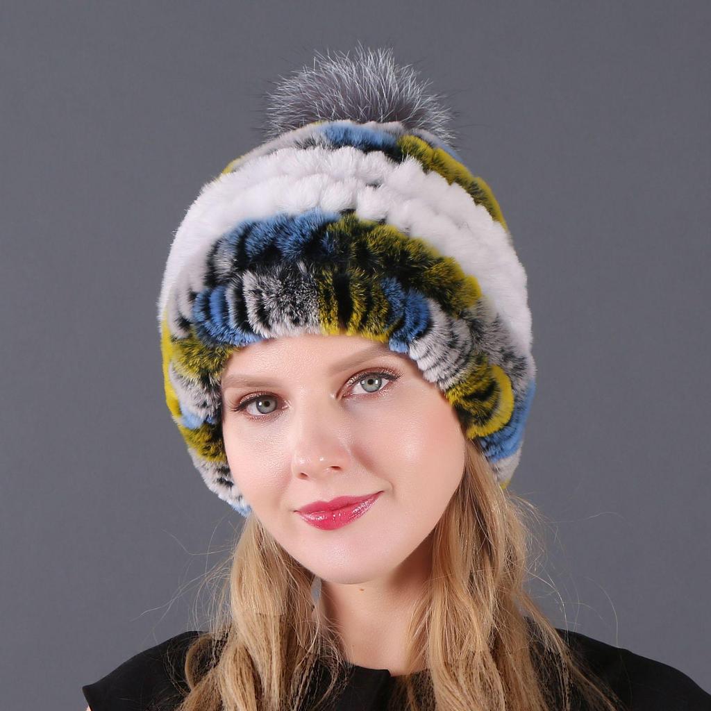 Women's Fur Hat with Rex Rabbit and Fox Fur Pompon for Autumn and Winter