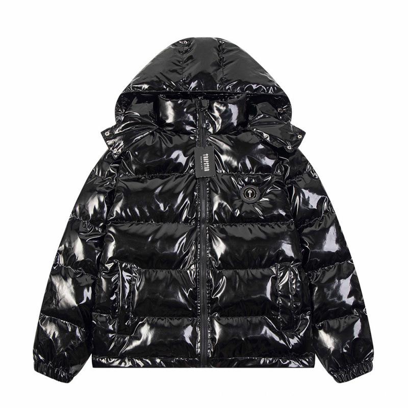 Trapstar Glänzende Schwarze PU-Lederjacke mit Abnehmbarer Kapuze - Verdickte Baumwoll-Paar-Oberbekleidung Auf Lager