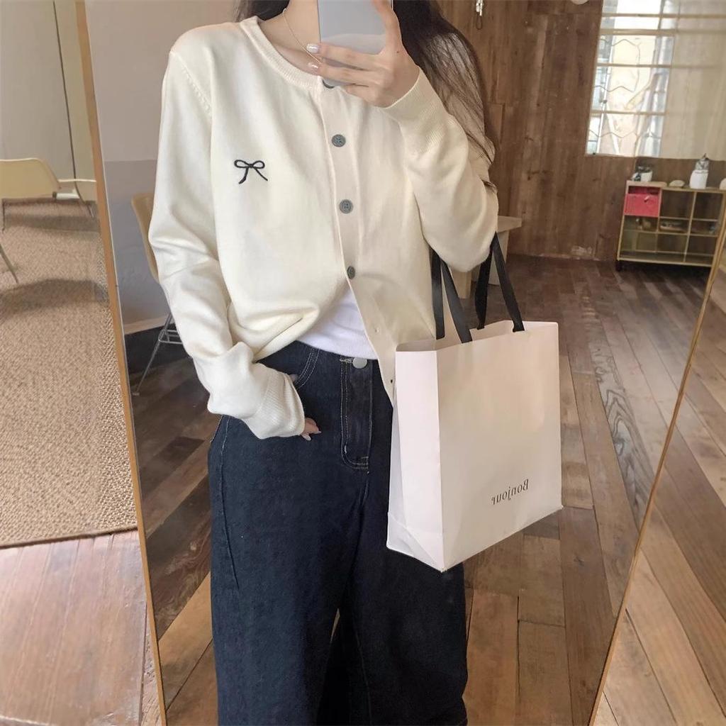 Women's Soft Knit Embroidered Bow Crew Neck Cardigan - Autumn Loose Sweater Coat