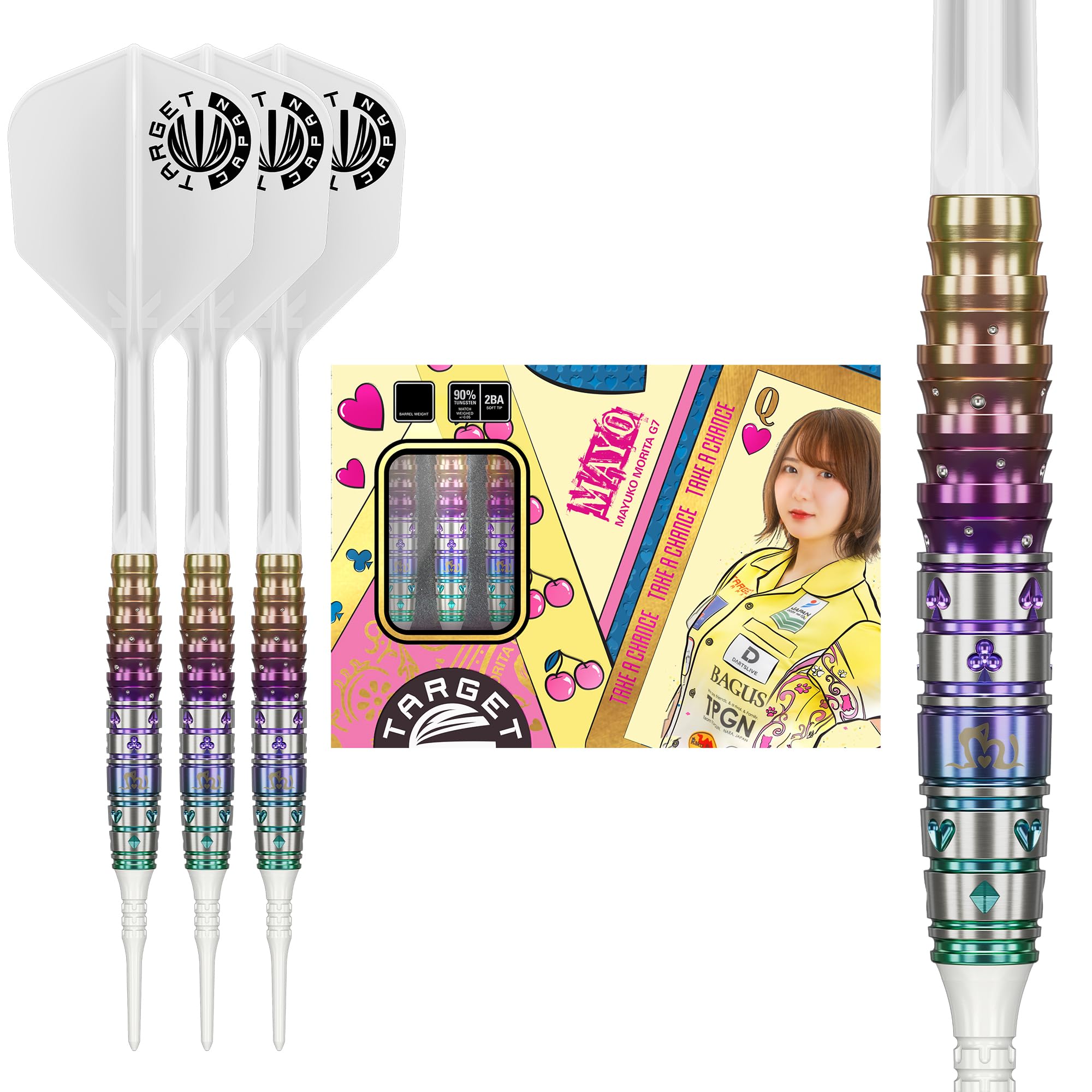 

Target Japan PRIME SERIES MAYO GEN7 Mayuko Morita Tungsten 2BA Soft Tip Darts 2BA SOFT TIP 6 Shape Flights and 2BA SOFT TIP DARTS 90% K-Flex Set, 18g,