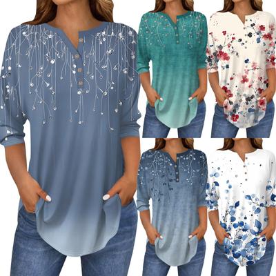 3/4 Sleeve Shirts For Women's Fashion Casual Round Neck Printed T-Shirt Top