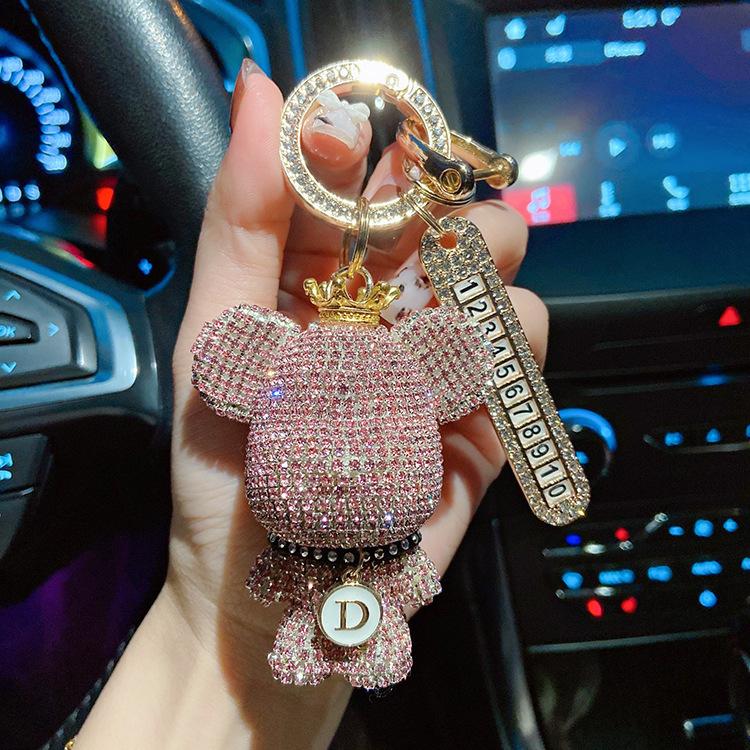 Bling Pink Crystal Bear Keychain with Anti-Lost Number Plate, Cute Crown Teddy Bag Charm,Crystal Bear Keyring, Sparkly Bear Pendant with Anti-Lost Tag