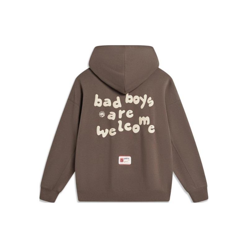 Li Ning Badfive Letter Hooded Pullover Fleece Sweatshirt Unisex Sweatshirt Charcoal-Brown AWDT879-5