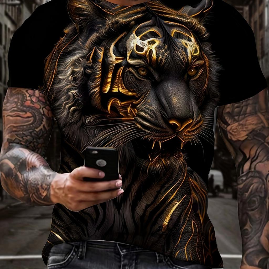 Bella T-shirt da uomo a maniche corte con scollo rotondo, stampa 3D con leone, moda casual da strada, taglia grande, T-shirt sportiva