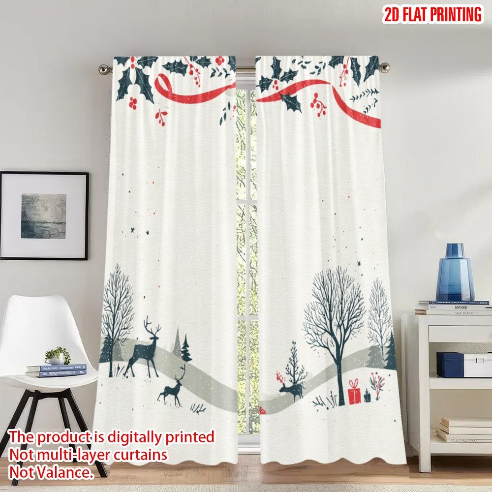

Set Of 2 Flat Printing Christmas Party Curtains Holly Ribbon Winter Scene Digital Printed Polyester Drapes Family Curtain Made W100*H70(CM)-Hooks&2PCS