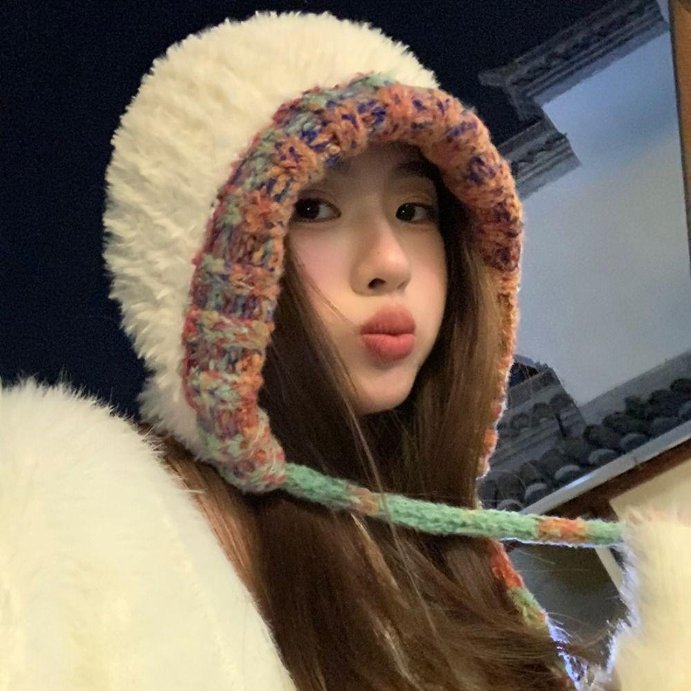 Plush Knitted Y2k Drawstring Hat New Design Pullover Beanie Hat Winter Crossbody Bag-hat  Women