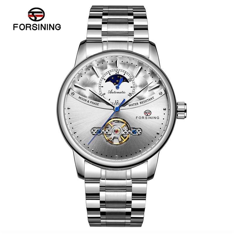 FORSINING Men's Moon Phase Tourbillon Watch Luxury Self-wind Mechanical Automatic Waterproof Retro Watches Stainless Steel Band Wristwatch