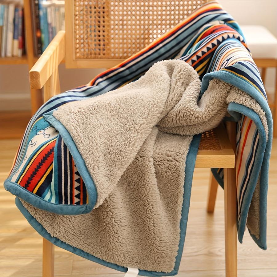 1pc Nordic Color Stripe Printed Bohemian Style Fleece Blanket, Double Layer Thickened Warm Blanket, For Sofa Couch Bed Camping