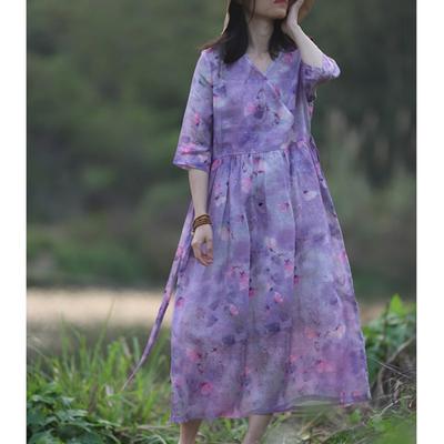 Woman Spring Fashion Casual V-Neck Chinese Style Dress Niche Vintage Style Print Dress