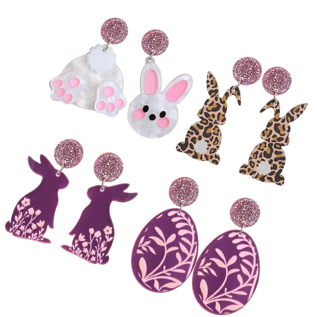 Set of 4 Easter Themed Earrings Rabbit and Eggs Pendant Earring Cute Women Jewelry New Year Gift Festive Ear Adorments