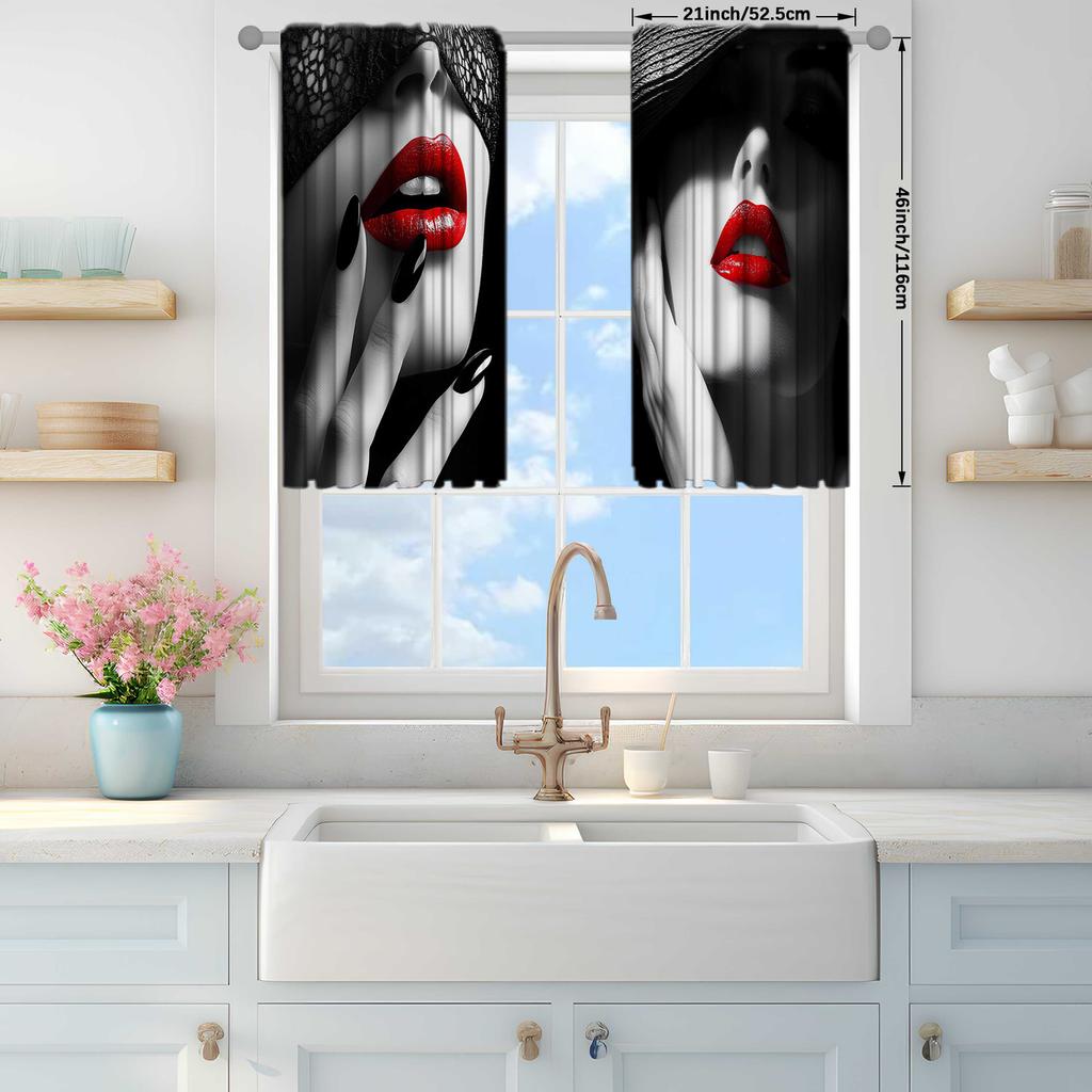 2 st Gardiner med tryck av flammande röda läppar för heminredning - Kanalfållsfönsterbehandling för sovrum, kontor, kök, vardagsrum