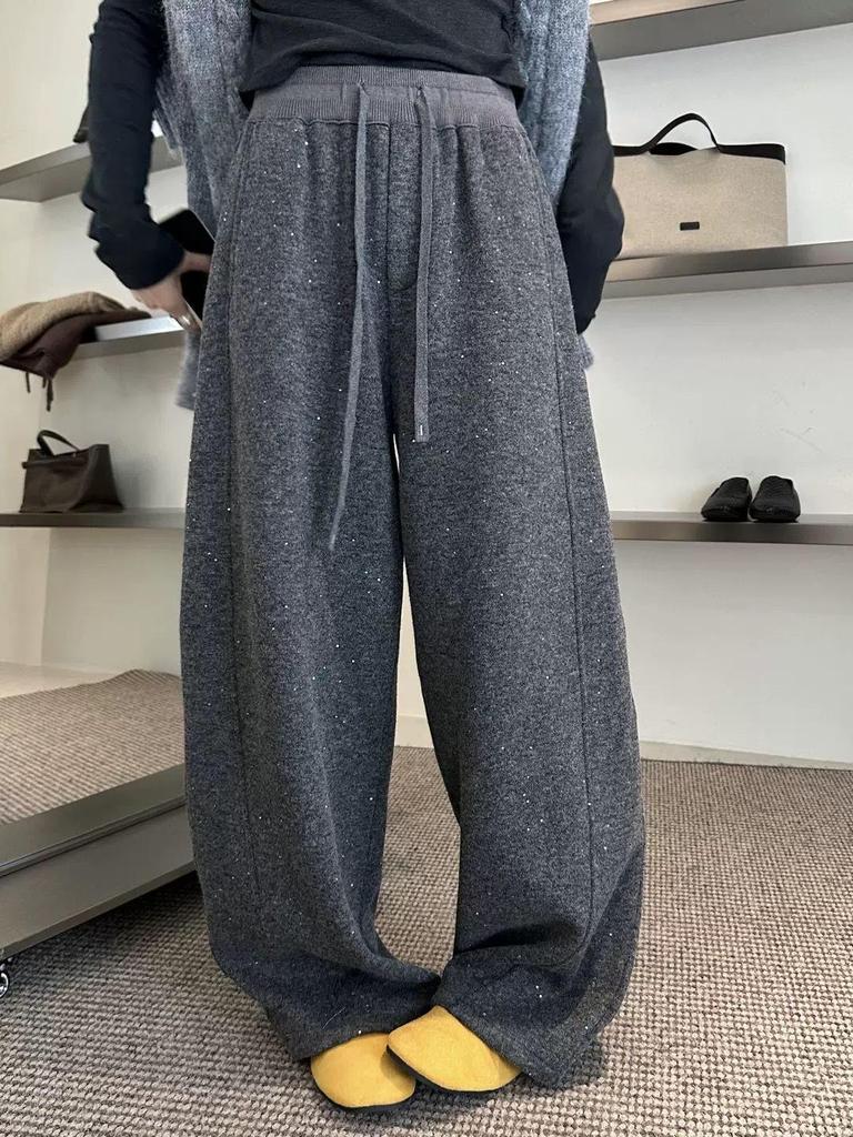 Fashionable Silver High-Waisted Wide-Leg Drawstring Pants – Women's Winter Casual Straight-Leg