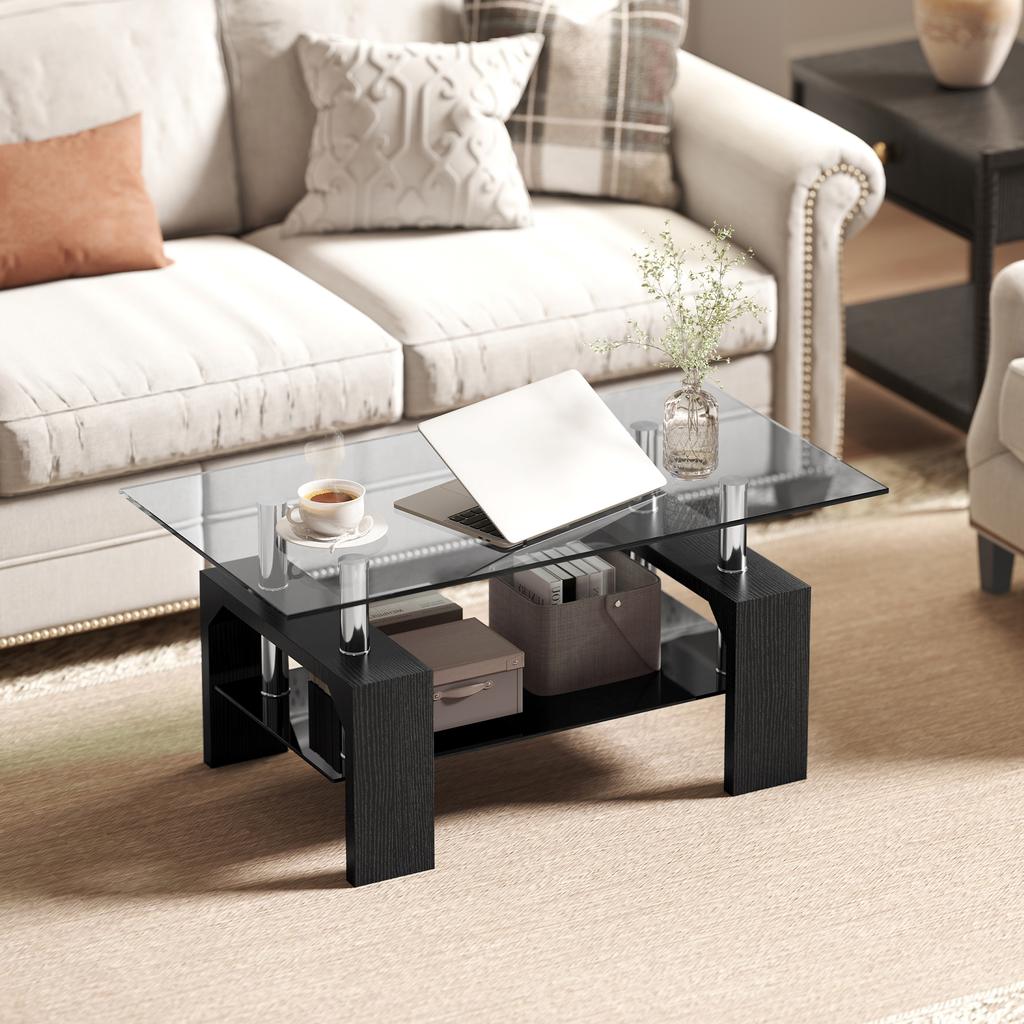 Modern 2-Level Coffee Table In Wood and Steel with Tempered Glass Top, 90x50x42 Cm, Black