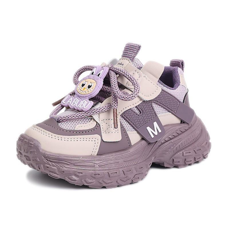 Girls Lightweight Running Sneakers Kids Soft Sole Casual Dad Shoes In Black Purple Mesh Upper