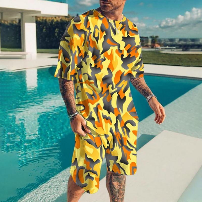 Summer Casual Breathable and Refreshing Sports Suit Oversized Men's Top Y2K Style 3D Printed Format Pattern Short Sleeve T-Shirt Man 2-Piece