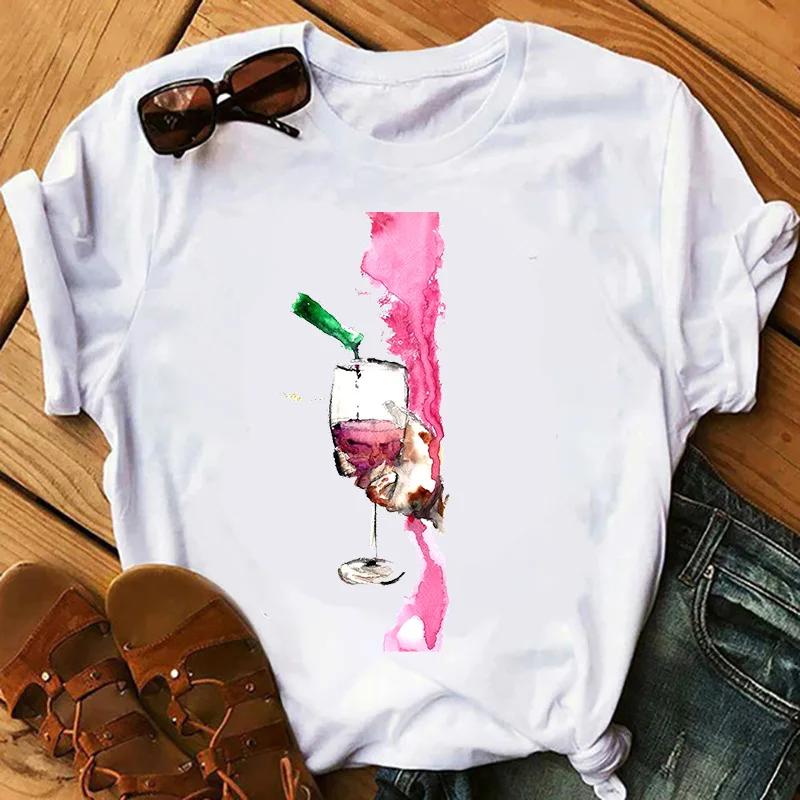 Wine Glass Wine Glass Print Short Sleeve T Shirt Women Vintage Tops Harajuku  Graphic T-shirts Aesthetic Clothes Tee