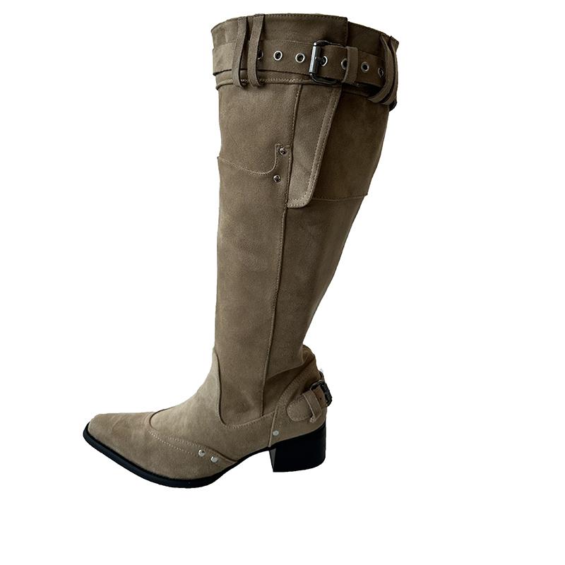 Fashion Autumn Winter Pleated Women Western Cowboy Boots Vintage Square Low Heels Shoes Female Belt Buckle Long Booties