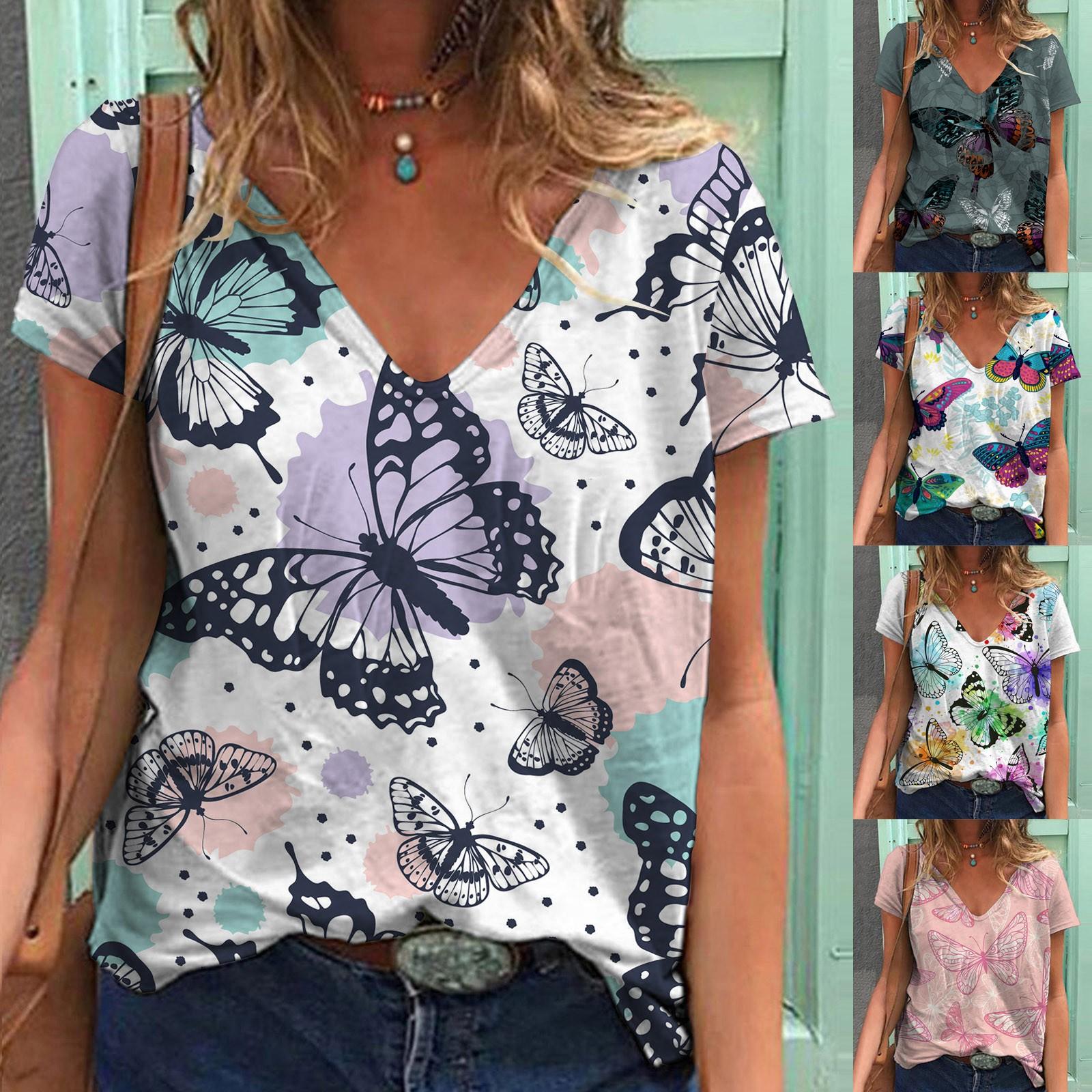 

Женская модная повседневная блузка с v-образным вырезом и коротким рукавом с принтом бабочки