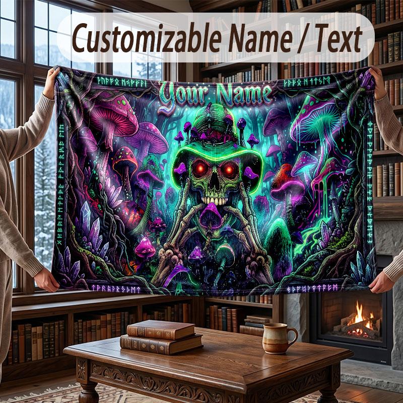 Mushroom Forest Theme Throw Blanket Custom Name Text Personalized Blanket Soft Cozy Blanket for Home Sofa Bed