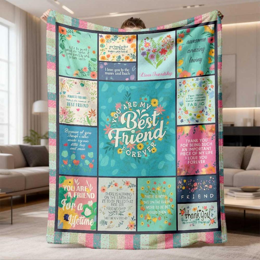 2026 New Flannel Blanket Arrival 1pc Gift for Sister Plush Throw Blanket with Best Friend Quotes & Floral Geometric Design, Soft Flannel All-Season Co