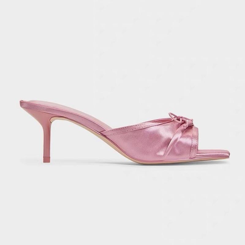 Fashion Women's Shoes 2025 Fashion New Summer Outdoor Peep Toe Women's Slippers Square Toe Stiletto Butterfly-knot Slippers