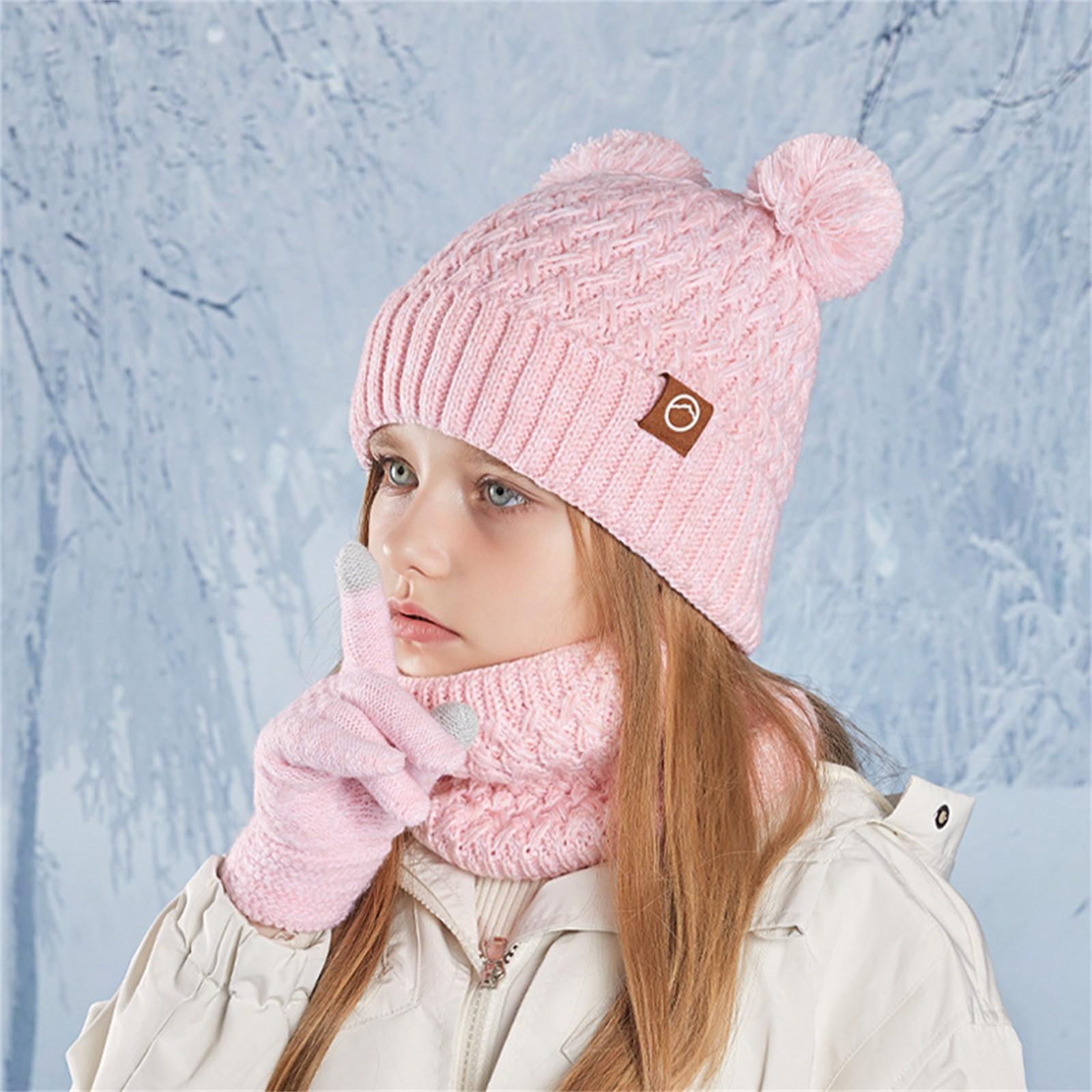 

Детский зимний комплект из шапки, перчаток, шарфа, для девочек и мальчиков, комплект из помпонов, шапок, перчаток, вязаный комплект с толстой флисовой подкладкой для 4-10 детей One Size розовый