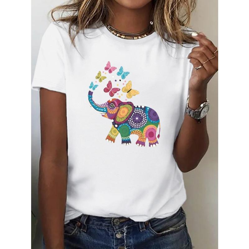 

Comfortable Casual Sleeve Round Neck Casual Wear Women s Soft T-Shirt with Vibrant Elephant Butterfly Design S