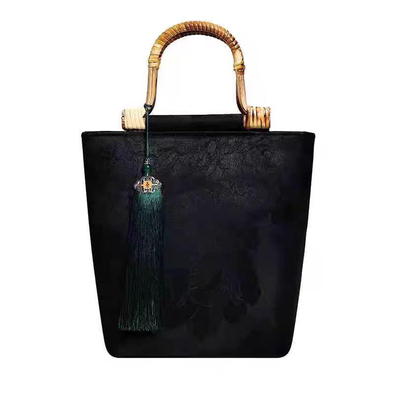New Chinese Style and New Chinese Style Bag with Large Capacity Bamboo Handle, Fragrant Cloud Yarn, Retro Style Hanfu Qipao, Hand-held Bag
