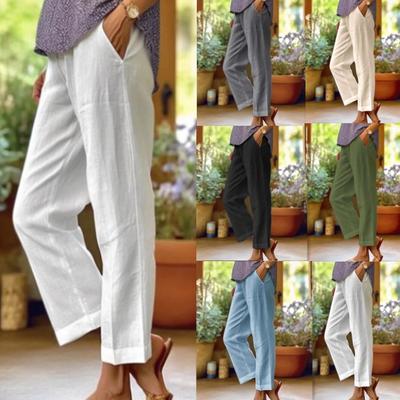 Women's Cotton Linen Trousers Elastic Waist Straight Leg Palazzo Pants with Pockets