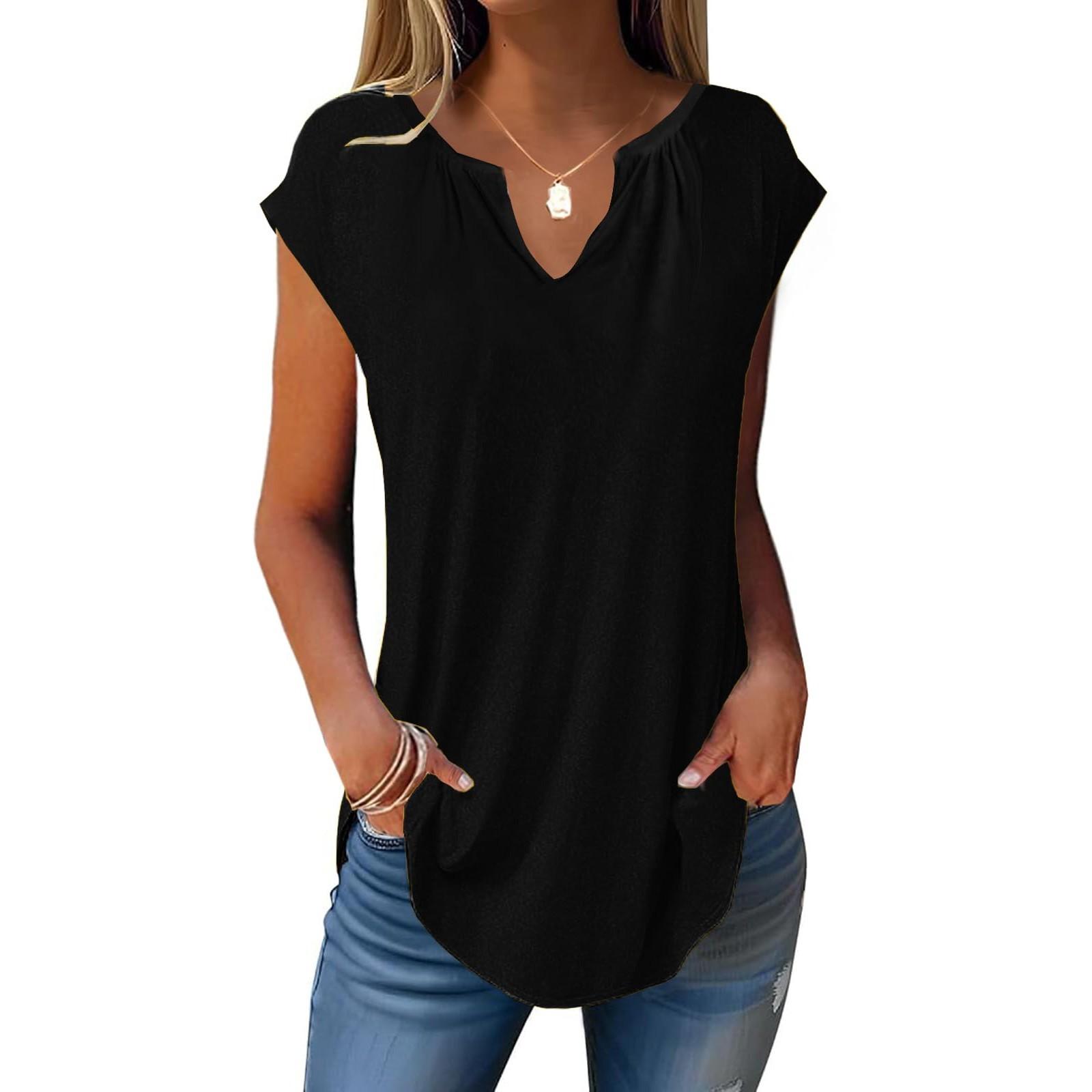 

Летние футболки с короткими рукавами для женщин, модные свободные повседневные нарядные туники с V-образным вырезом, плиссированные топы на бретелях L чёрный