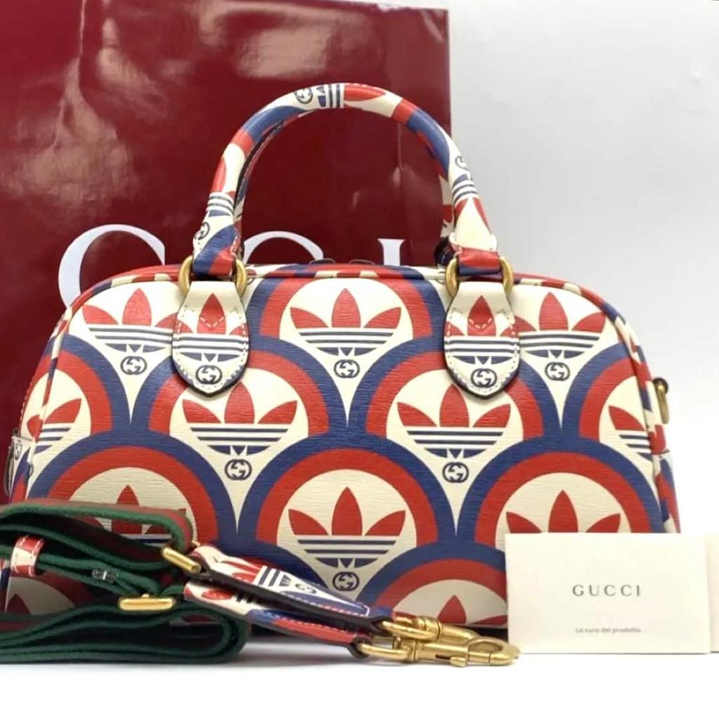 GUCCI ADIDAS Collaboration Double Branded Multi Color 2Way Duffle Bag Sherry Line Mini Boston Shoulder Bag Leather