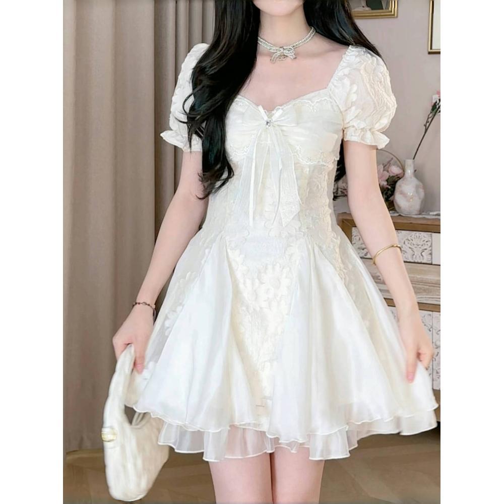 

Очаровательное платье с сетчатыми вставками, платье принцессы, белое, лунный свет, темперамент, крой с цветами, пышное, повседневное XL- (recommended 110-60kg)