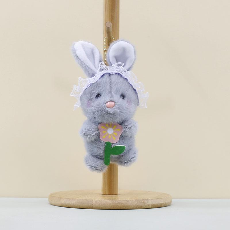 Cute Grey White Brown Pink Flower Bunny Plush Keychain Soft Doll For Bags Keys And
