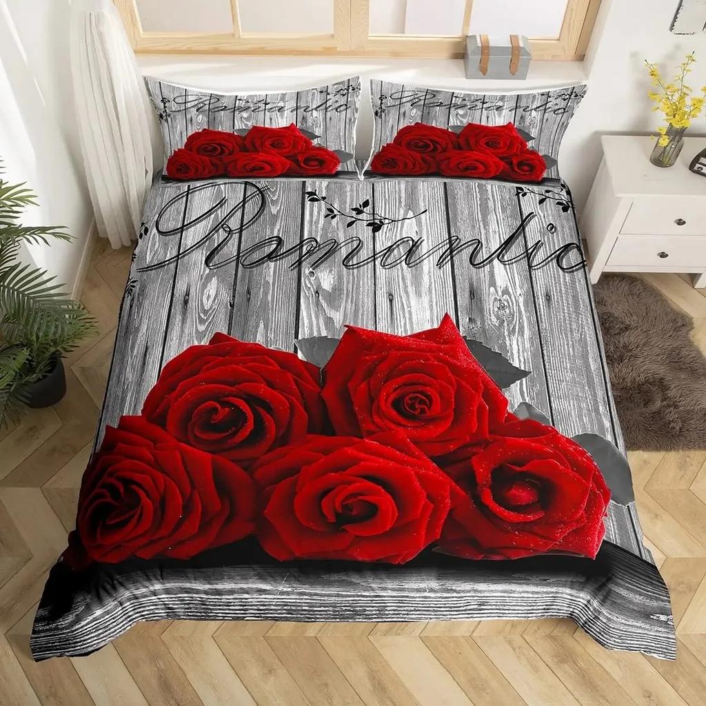 Rosen Bettbezug Set Rote Rose Floral Bettwäsche Sets Blume Schmetterling Bettdeckenbezug für Frauen Modern Fashion Marmor Steppdeckenbezug