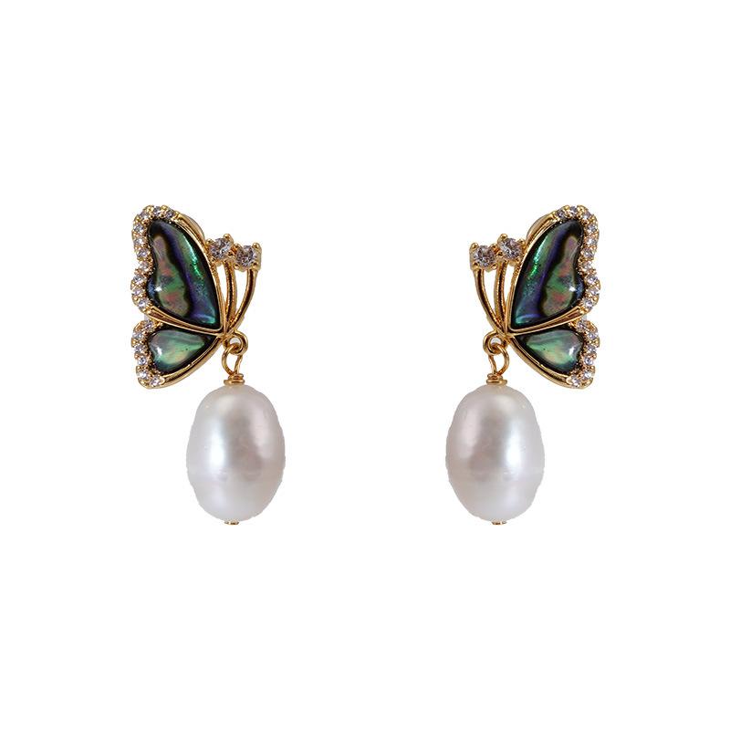 Natural Pearl Symphony Sea Shell Butterfly High Sense French Retro Light Luxury Temperament Women'S Stud