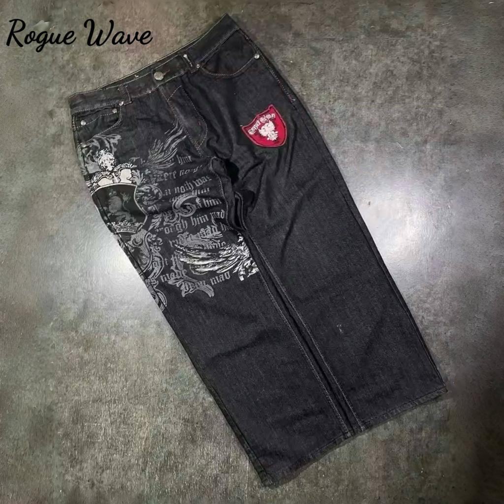 RogueWave Street Wear American Retro Cleanfit Fashion Print Baggy Jeans Y2K Popular Casual Joker Gothic High Waist Wide-Leg Pants