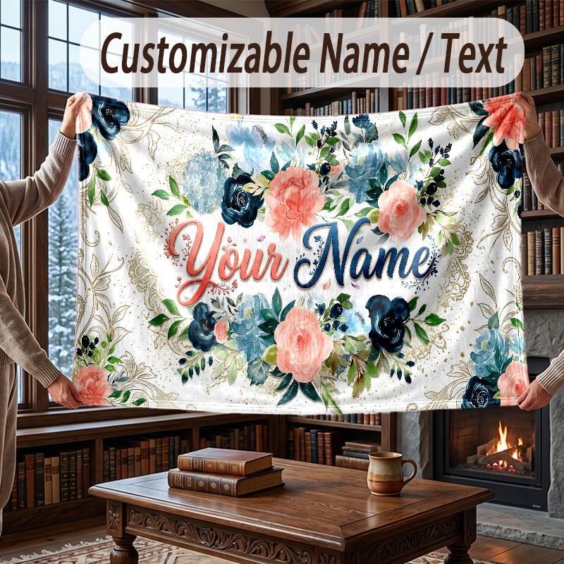 Floral Garden Theme Throw Blanket Custom Name Text Personalized Blanket Soft Cozy Blanket for Home Sofa Bed