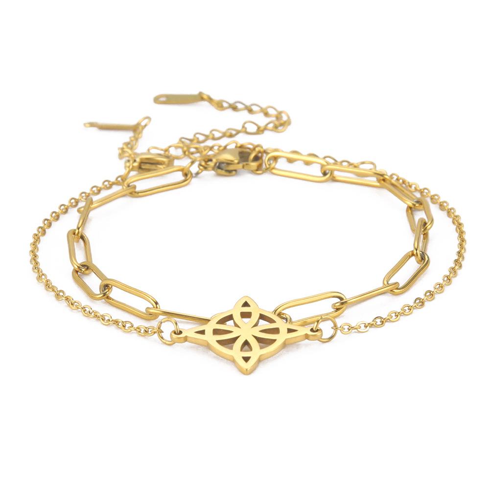 Double Layer Stackable Welded Cross Chain with Hollow Four Leaf Clover Round Pendant Bracelet