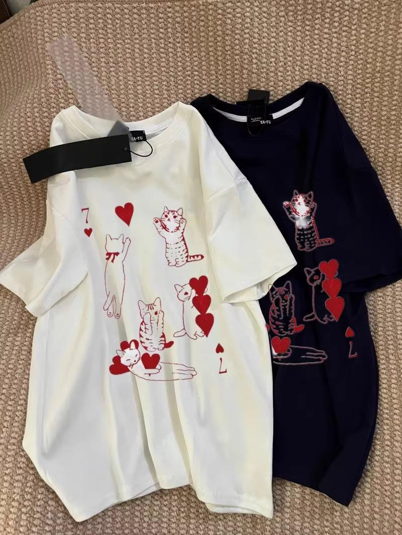 

Women s Niche Design Heart-Hugging Cat Cotton T-Shirt, Loose Short Sleeve - Lazy Style Summer Top for Couples M Premium білий