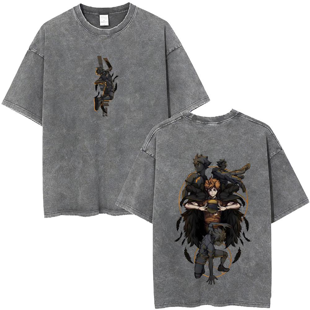 Gewaschenes Vintage Anime Haikyuu KARASUNO Merch T-Shirt Herren Cartoon Manga Oversized T-Shirt Herren Sommer Lässige Kurzarm-T-Shirts