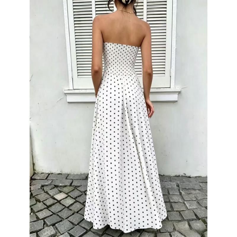 2026 Summer Off Shoulder Polka Dot Dress New Sexy Elegant Strapless Waist-cinching Slim Fit A-line Party Evening Dress Sweet Pleat Fashion Clothing