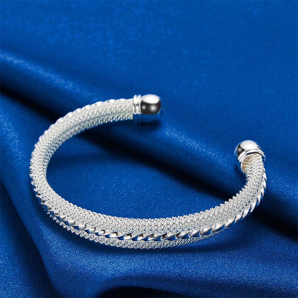 Elegant 925 Sterling Silver Twisted Woven Mesh Open Bangle for Women, Fashionable Wedding Party Accessories