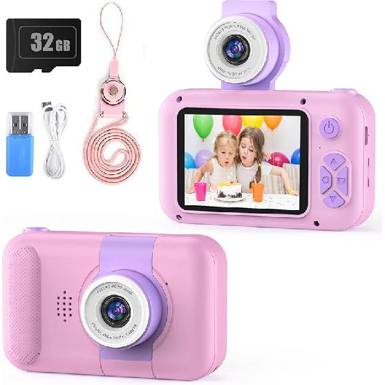 Upgraded Real 1080P Kids Camera with Flip-up Lens for Selfie & Video, 32GB SD Card Included, 2.4" Screen Camera Toy for 4-12 Years Old Girls Boys on