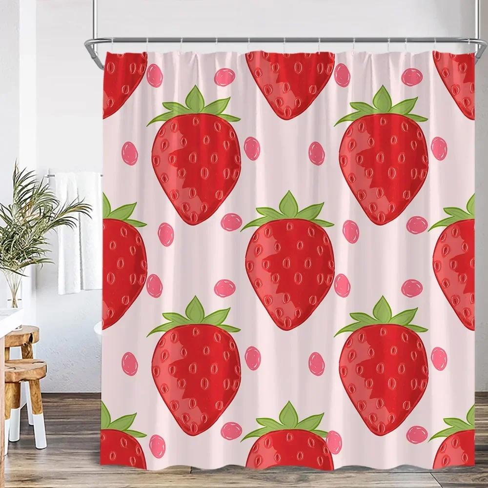 Summer Pink Fruit Shower Curtain Strawberry Cherry Peach Watermelon Shower Curtain Girl Woman Polyester Bathtub Decoration