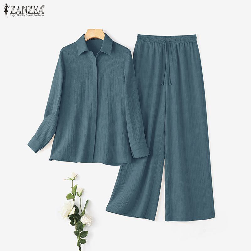 ZANZEA Women Long Sleeve Blouse and Pants Casual Two Piece Suit Sets