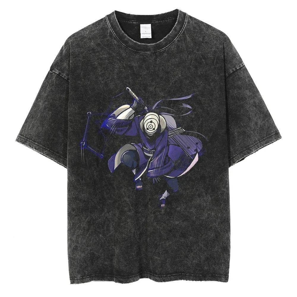Men Short Sleeve T Shirt Naruto Anime Print Vintage T-Shirt Cotton Black Washed Oversized Tops Tees Fashion Harajuku Streetwear Clothing